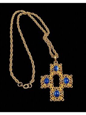 Vintage 80s Lapis Lazuli Cross Pendant Necklace Gold Tone Filigree Statement